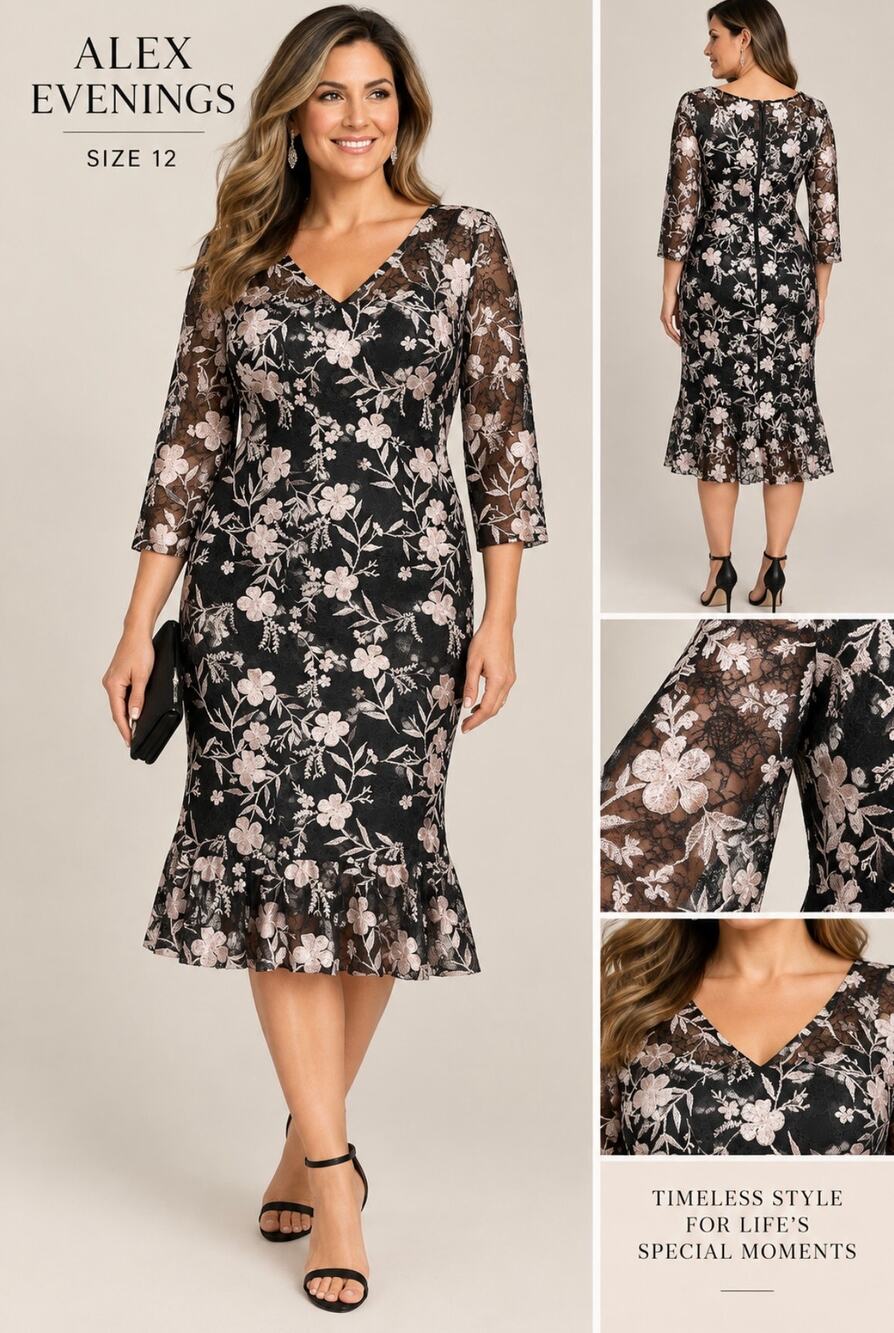 Alex Evenings Dress Size 12 Black Pink Floral Embroidered Lace Cocktail Midi